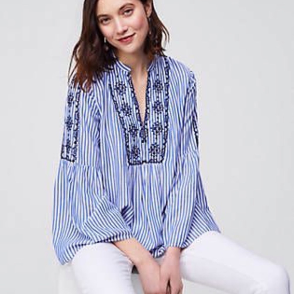 LOFT Stripe V-neck Embroidered Bell Sleeve Top XS